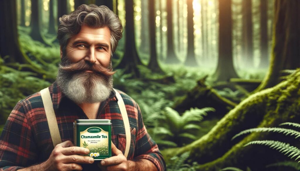 Man holding chamomile tea sleep supplement in the forest