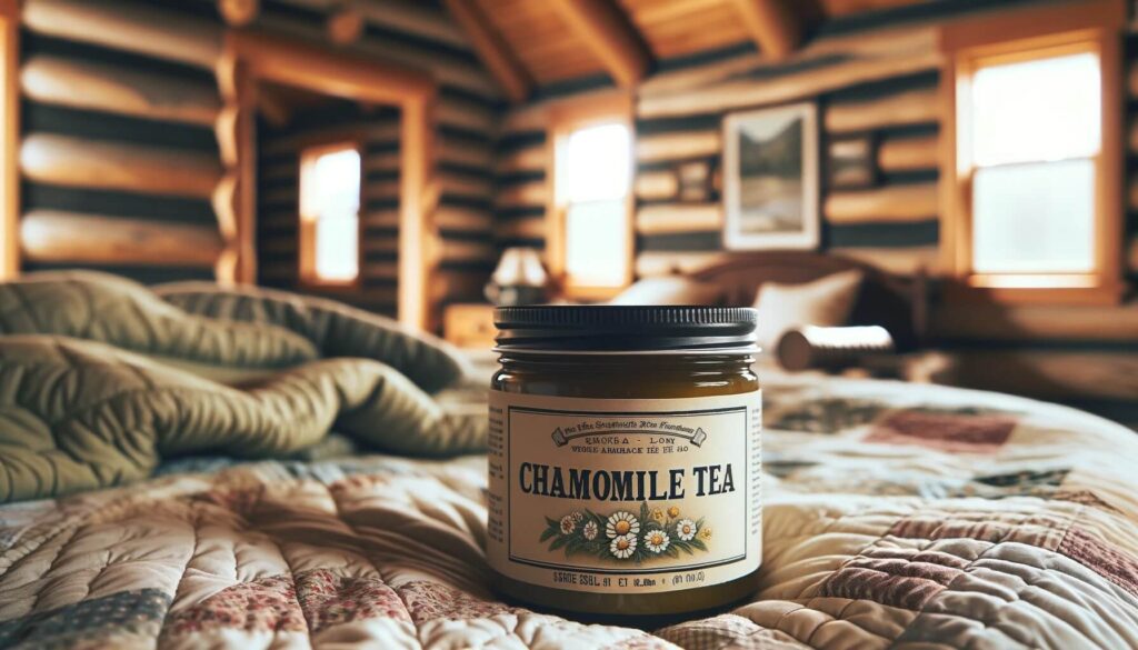 Chamomile Tea sleep supplement on a bed in a log cabin