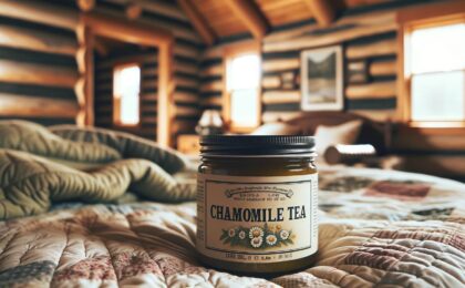 Chamomile Tea sleep supplement on a bed in a log cabin