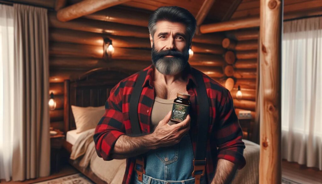 Lumberjack holding catnip sleep supplement