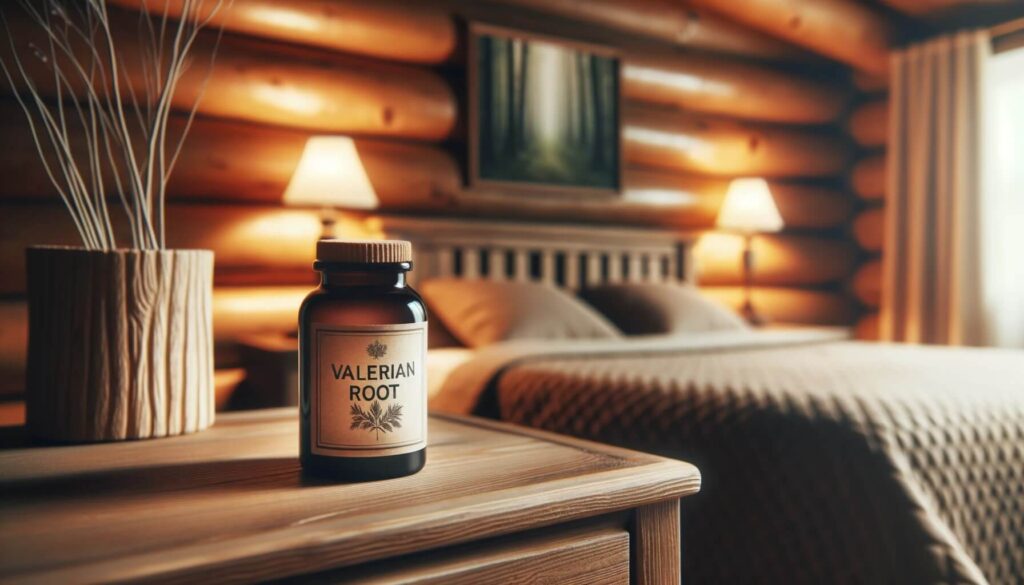 Bottle of valerian root sleep supplement in a log cabin bedroom