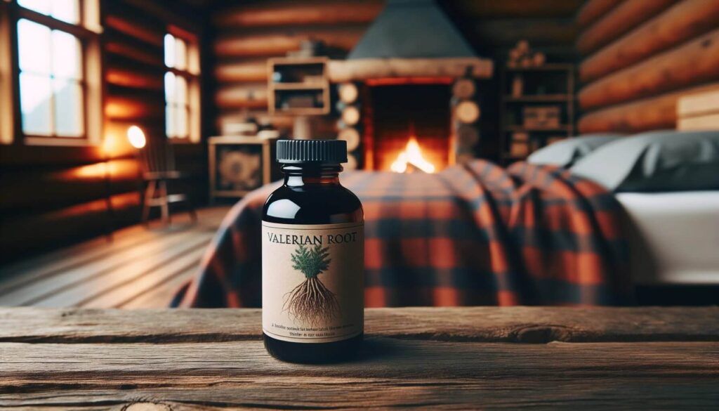 Bottle of Valerian Sleep Supplement in a cozy log cabin