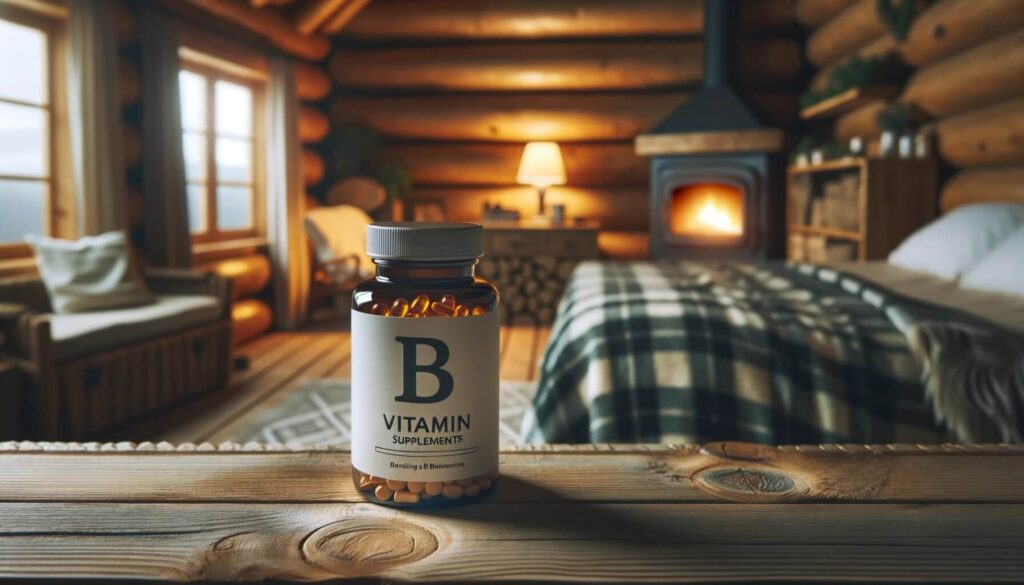 B Vitamin Sleep Supplement in log cabin bedrrom