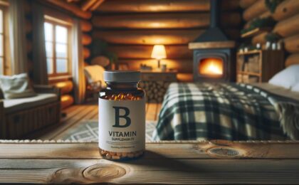 B Vitamin Sleep Supplement in log cabin bedrrom