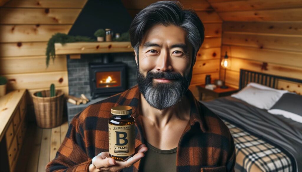 Man holding a bottle of B Vitamins for sleep in his bedroom